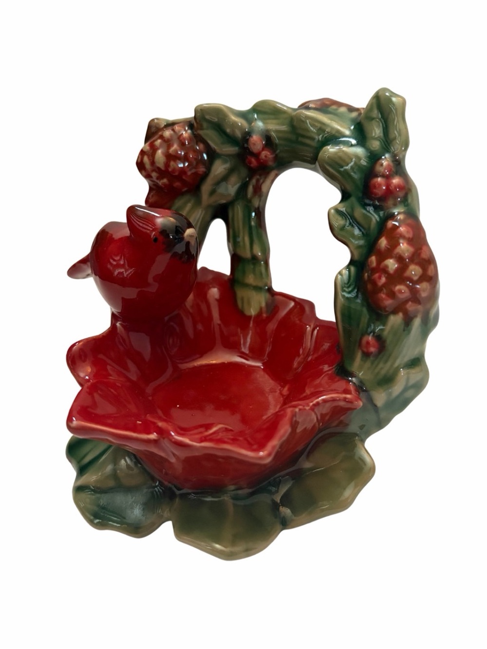 Vintage Ceramic Red Christmas Cardinal Pinecone 6” Tealight Holder